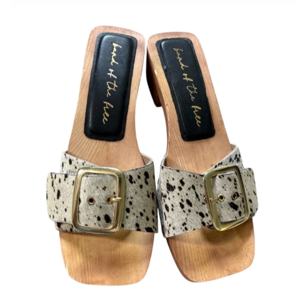 BAND OF THE FREE Wood Clogs Slides SPOTTED CALF HAIR LEATHER Gold Buckle/Studs 8